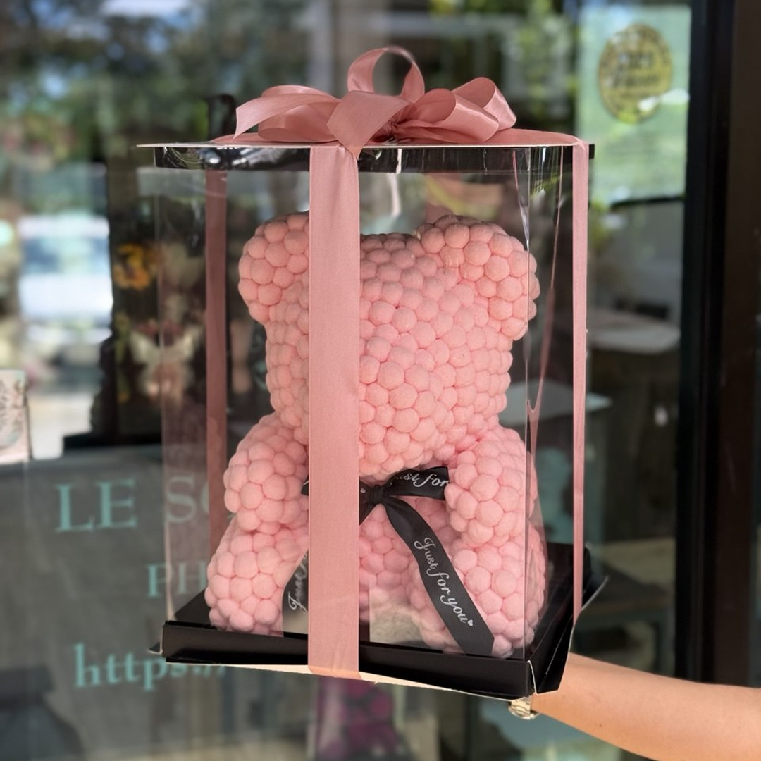 Pink Marshmallow Teddy Bear made from velvet poms in a clear gift box with satin ribbon